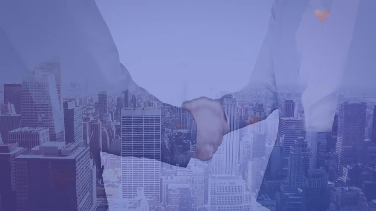 Animação de mãos de empresários caucasianos se apertando sobre a paisagem urbana