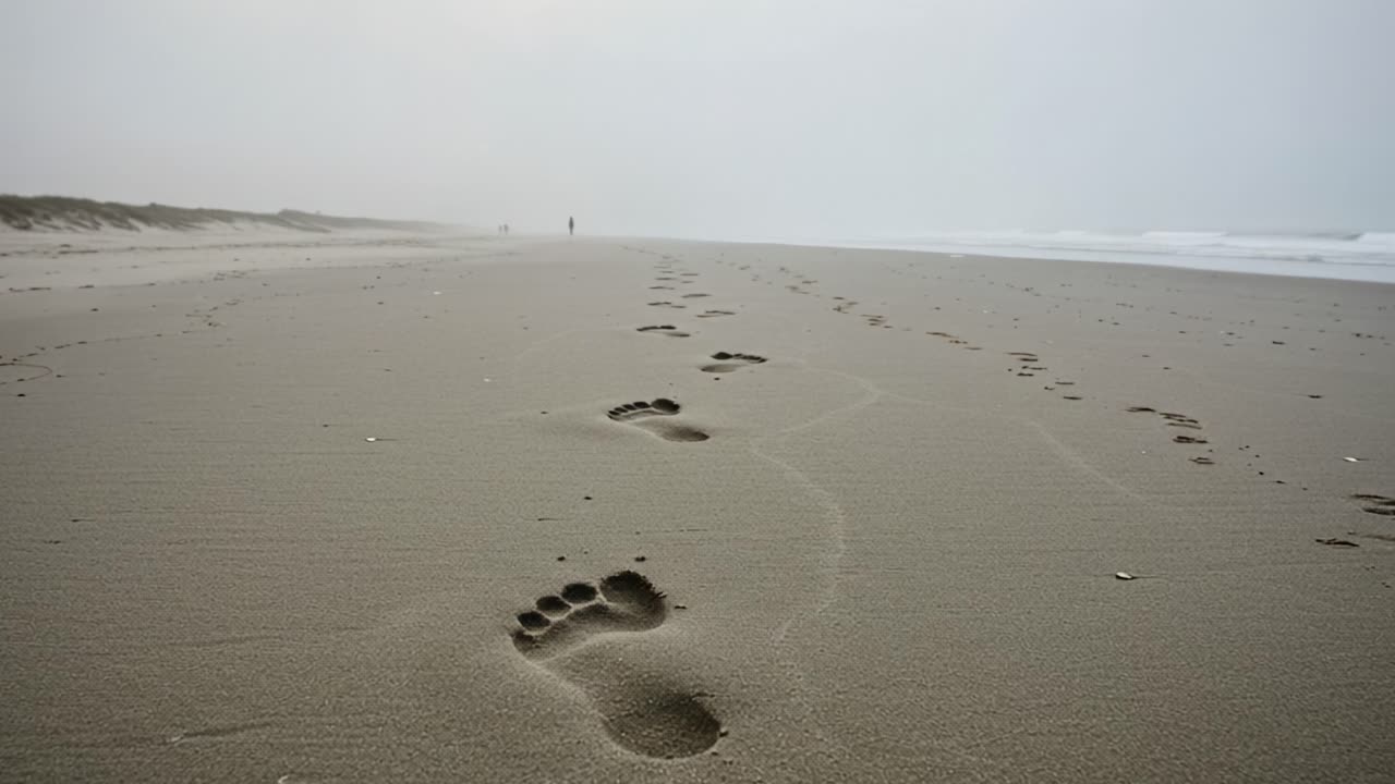A Serene Journey: Tranquil Footprints Leading Along a Peaceful Beach Shoreline Under a Misty Sky Evoking Calmness and Reflection