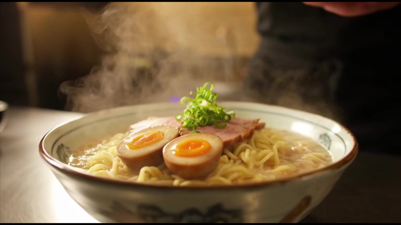 Chef che guarnisce una ciotola fumante di ramen fresco