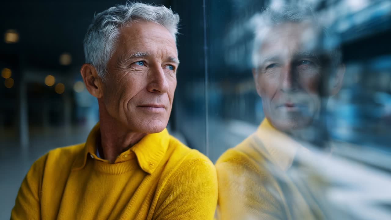 Contemplative Senior Man Gazing Outward, Reflecting on Life and Memories, Captured in an Urban Setting, Showcasing the Beauty of Experience and Wisdom Through His Thoughtful Expression