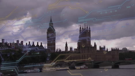big ben and houses of parliament with digital network animation overlay