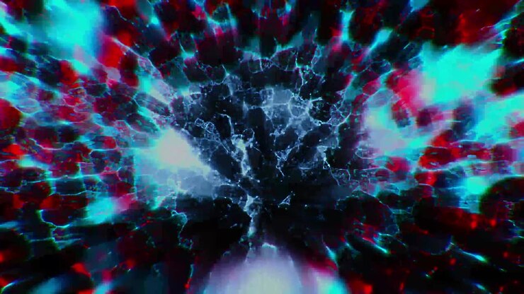 Abstract creative cosmic background. Hyper jump into another galaxy. Speed of light, neon glowing rays in motion. Beautiful fireworks, colorful explosion, big bang. Moving through stars.