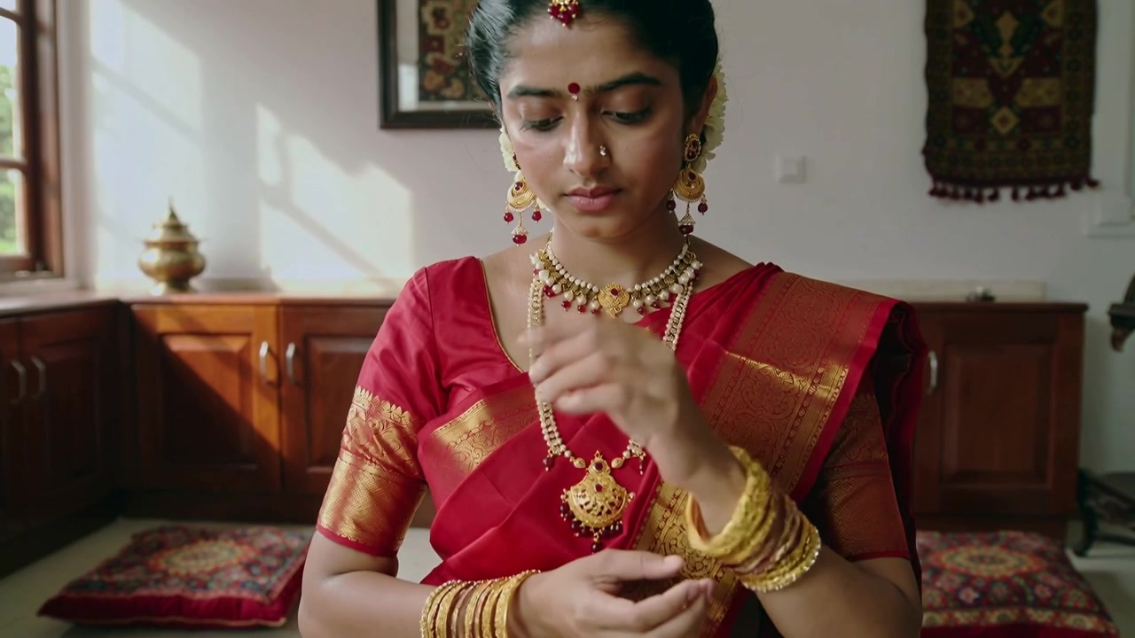 Donna indiana che si prepara per un rituale, sistemandosi i bracciali d'oro e fissandosi un orecchino a casa, con un sari rosso.