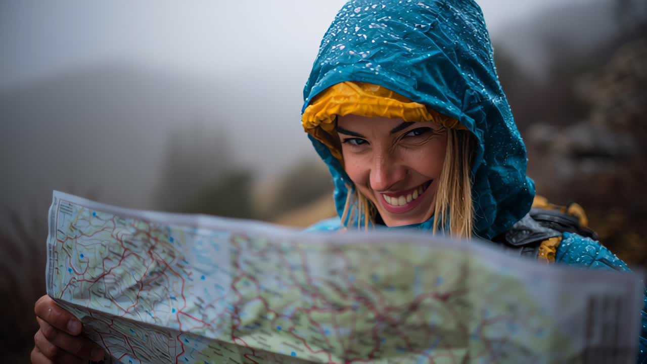 Nærbillede af en smilende kvindelig vandrer i en vandtæt jakke, der læser et papirkort i regnfulde, tågede bjerge, koncept for rejseplanlægning, navigation og eventyr