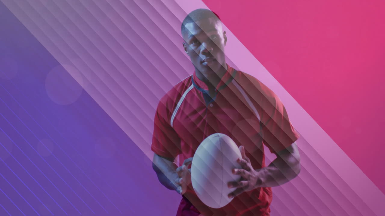 Animation of flag of france over african american male rugby player with ball