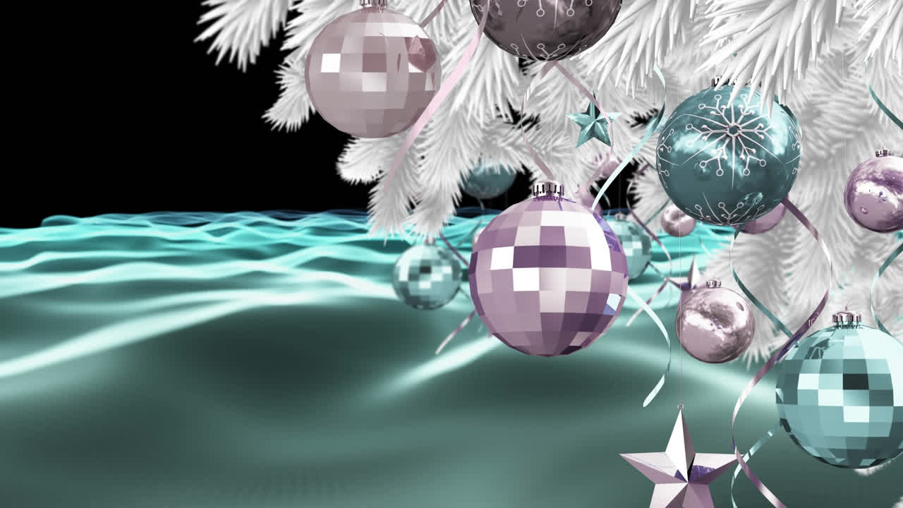 decoraciones de joyas en el árbol de navidad contra las ondas digitales verdes sobre fondo negro