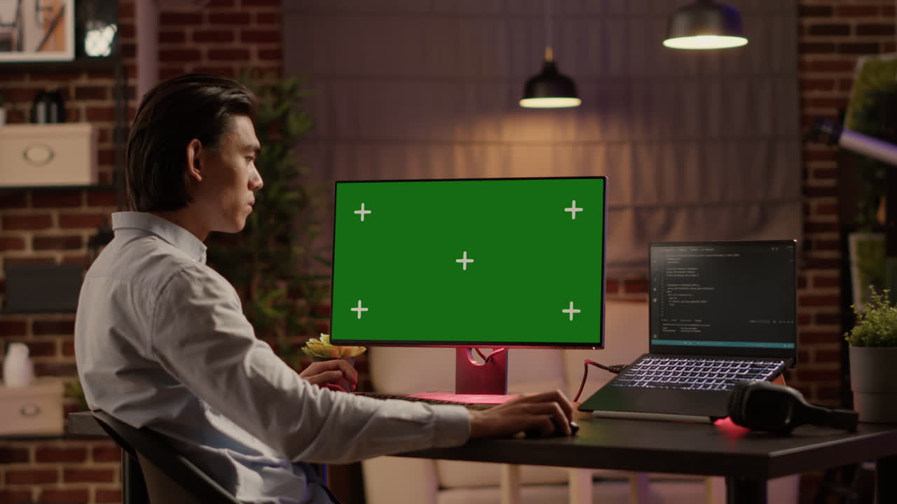 녹색 화면 을 가진 컴퓨터 에서 일 하는 사람