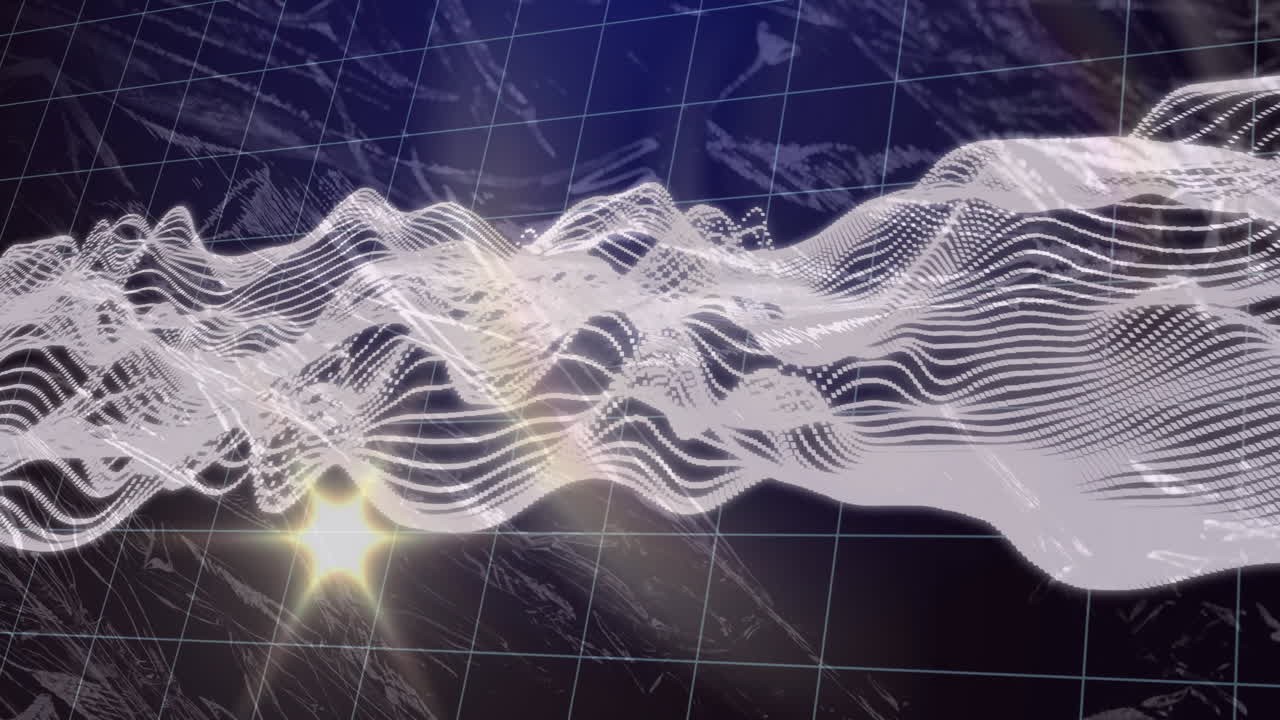 Animation of glowing waveforms and lights over grid background, digital data concept