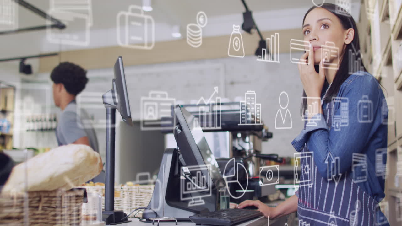 animación de iconos y procesamiento de datos sobre la mujer que sirve en la tienda.
