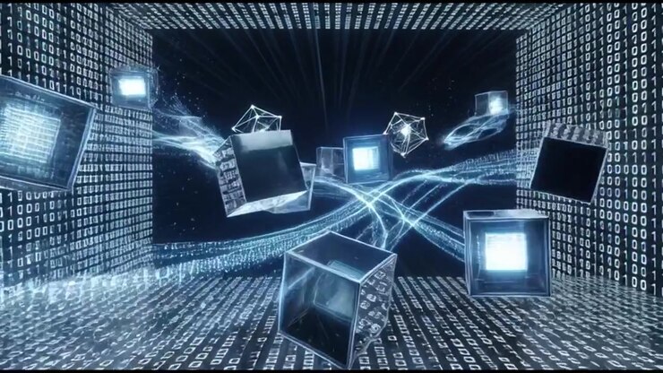 Abstract Digital Environment with Floating Data Cubes and Binary Code