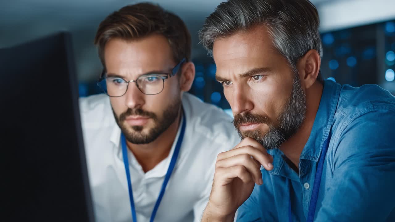 Two Focused Professionals Analyzing Data on a Computer Screen, Engaged in a Serious Discussion and Collaborating Effectively in a Modern Working Environment