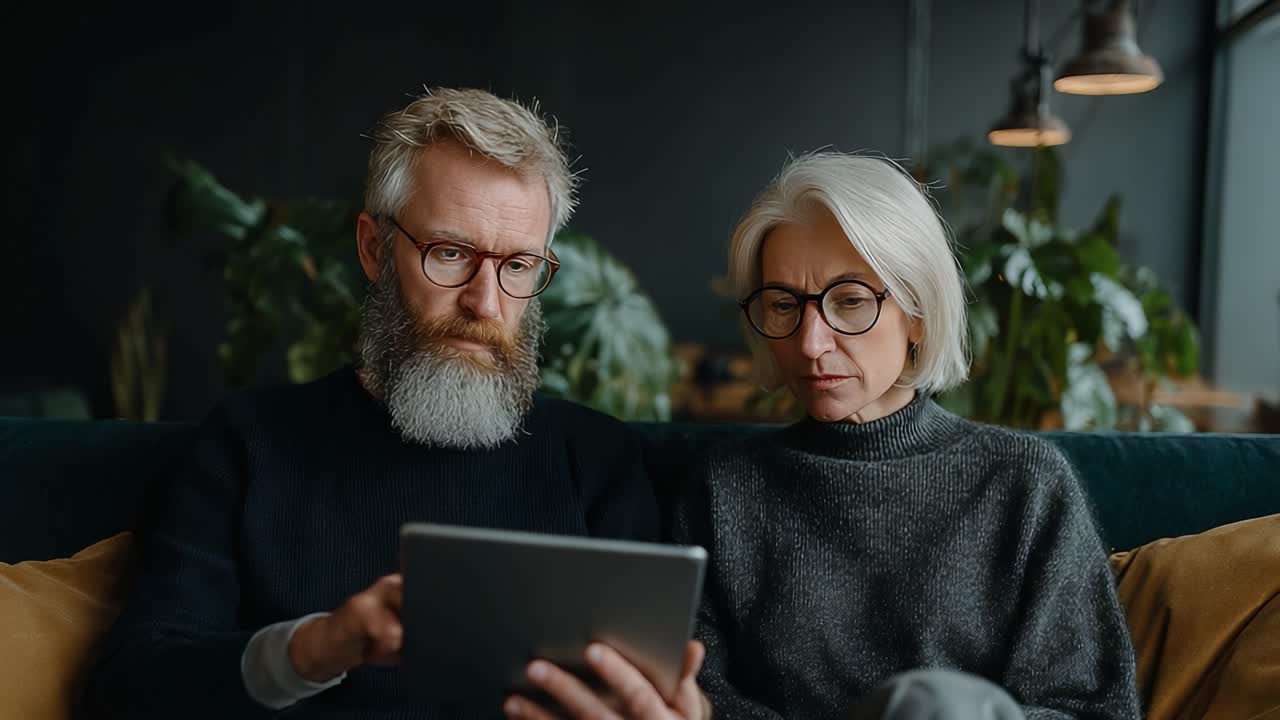 Engaged Exploration: A Mature Couple Sharing Moments While Using a Tablet Together in a Cozy Living Room Surrounded by Lush Greenery