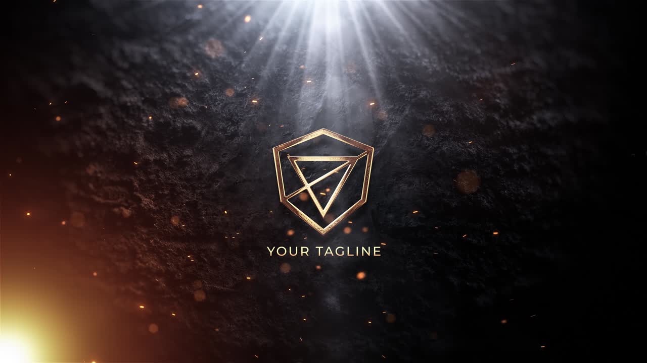 Afsløring af et gyldent geometrisk logo med funklende lyseffekter
