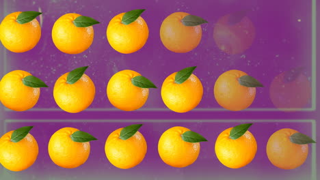 animación de naranjas moviéndose sobre un fondo púrpura