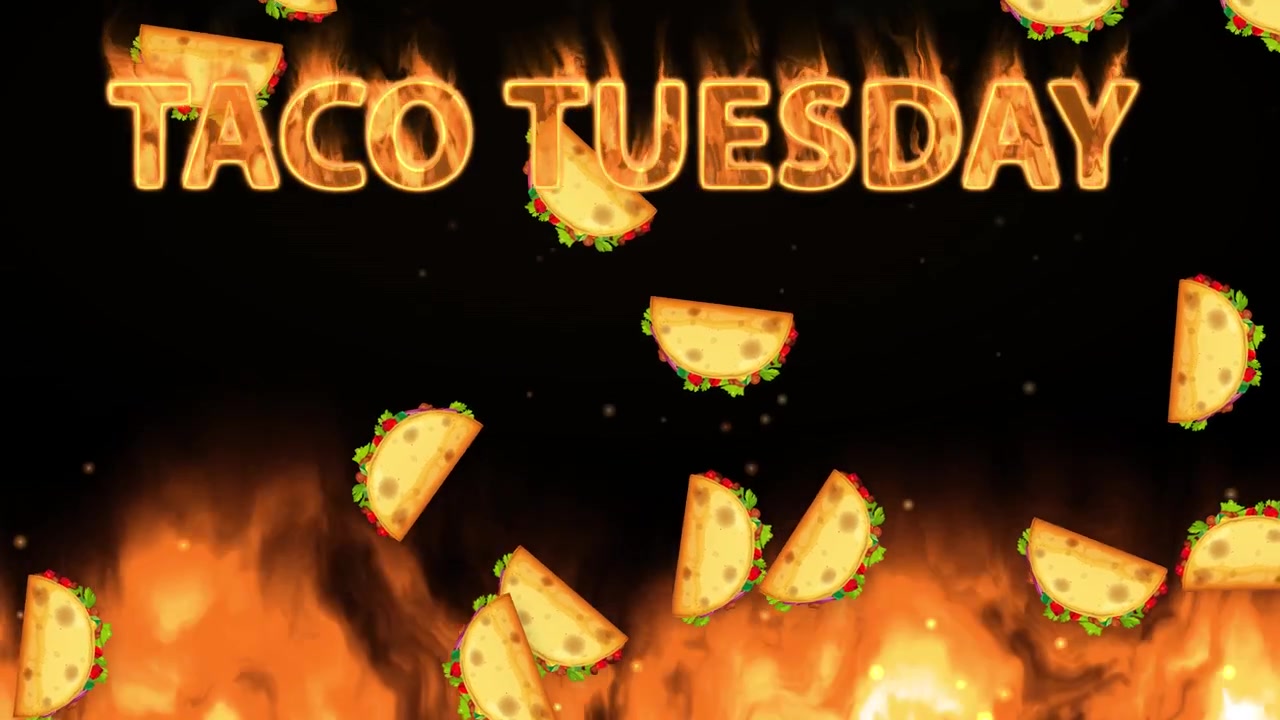 Animación de texto ardiente con tacos de cáscara cayendo sobre llamas intensas en un fondo negro