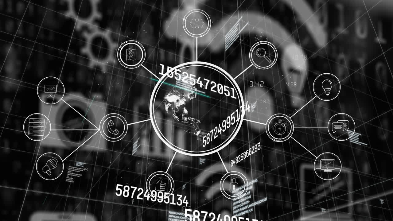 검은색 배경에 과학 데이터 처리에 대한 연결 웹과 아이콘의 애니메이션