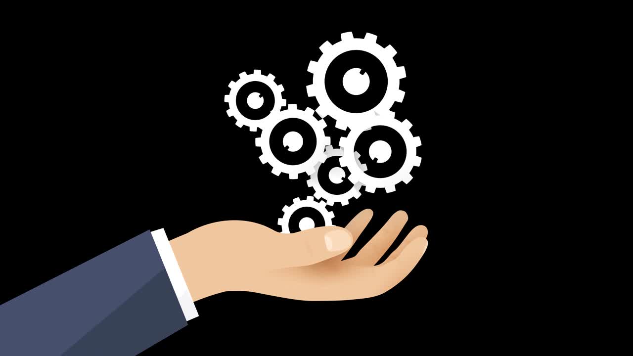 검은 바탕에 색 기어가 손에 있습니다.