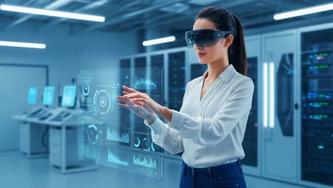 a professional engaging with advanced augmented reality technology in a high-tech data center, demonstrating the future of interaction with digital interfaces