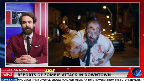 el presentador de noticias habla del apocalipsis zombi.