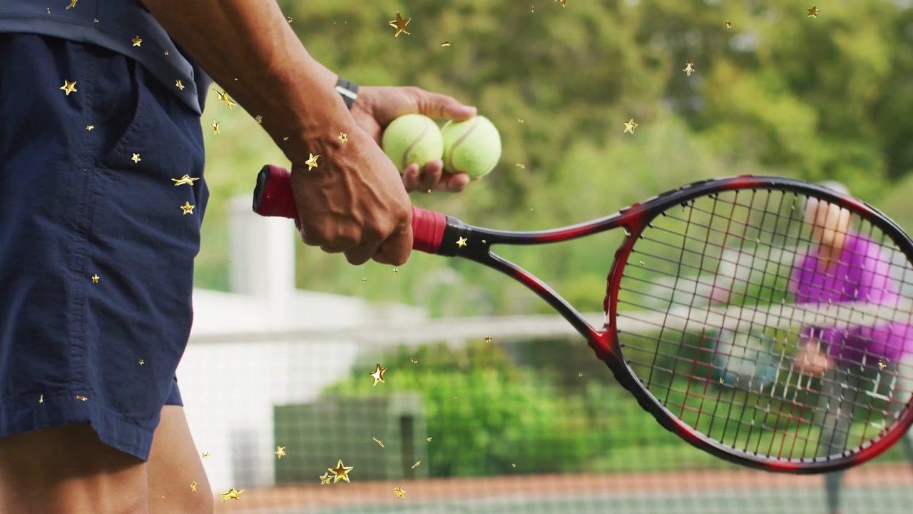 Senior man adjusting racket grip and tossing ball toward woman, sports practice with gold stars