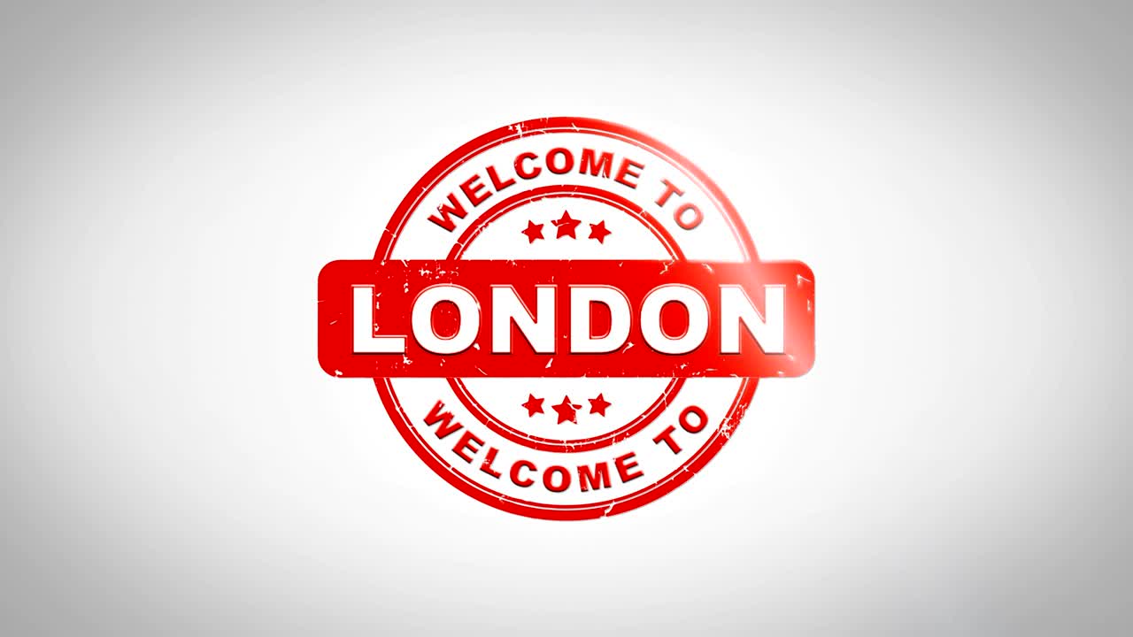Bienvenido a LONDRES Texto de sellado firmado Animación de sello de madera. Tinta roja sobre superficie de papel blanco limpio con fondo mate verde incluido.