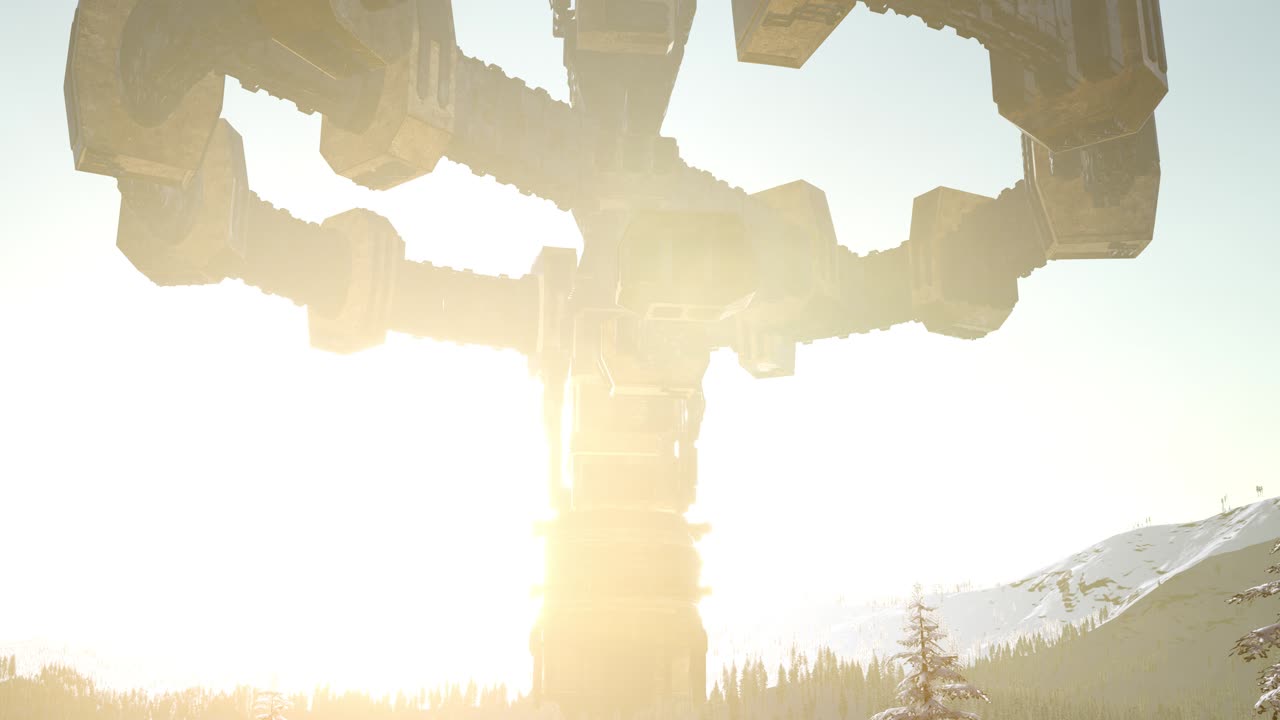 해가 지면서 숲 위를 떠다니는 ufo와 함께 빛의  ⁇