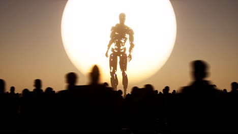 Un-Enorme-Cyborg-De-Inteligencia-Artificial-Parado-Frente-A-Un-Gran-Sol,-Con-Una-Multitud-De-Personas-Mirándolo,-Cámara-De-Animación-3d-Que-Gira-Rápidamente-De-Derecha-A-Izquierda