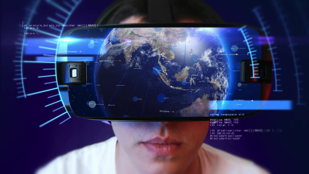 Giovane uomo che indossa un visore VR e sperimenta la realtà virtuale. Loop continuo
