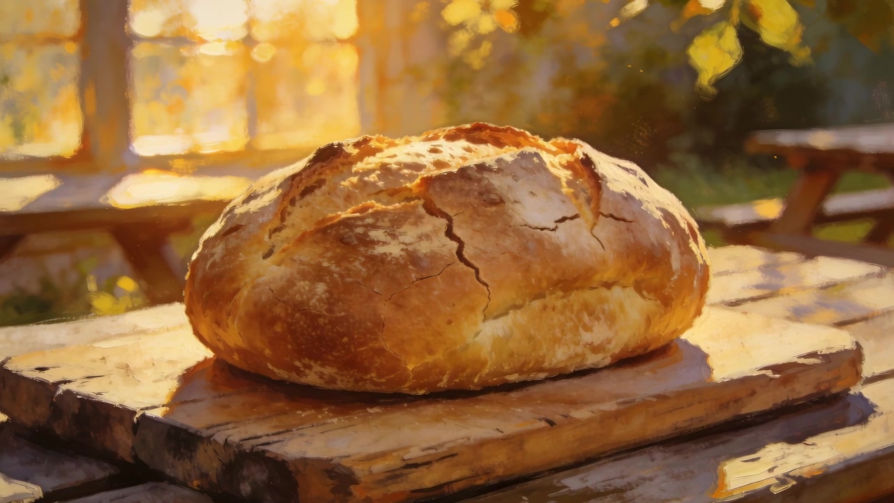 Zooming camera drawing focus to round loaf on cutting board at picnic table, emphasizing crust