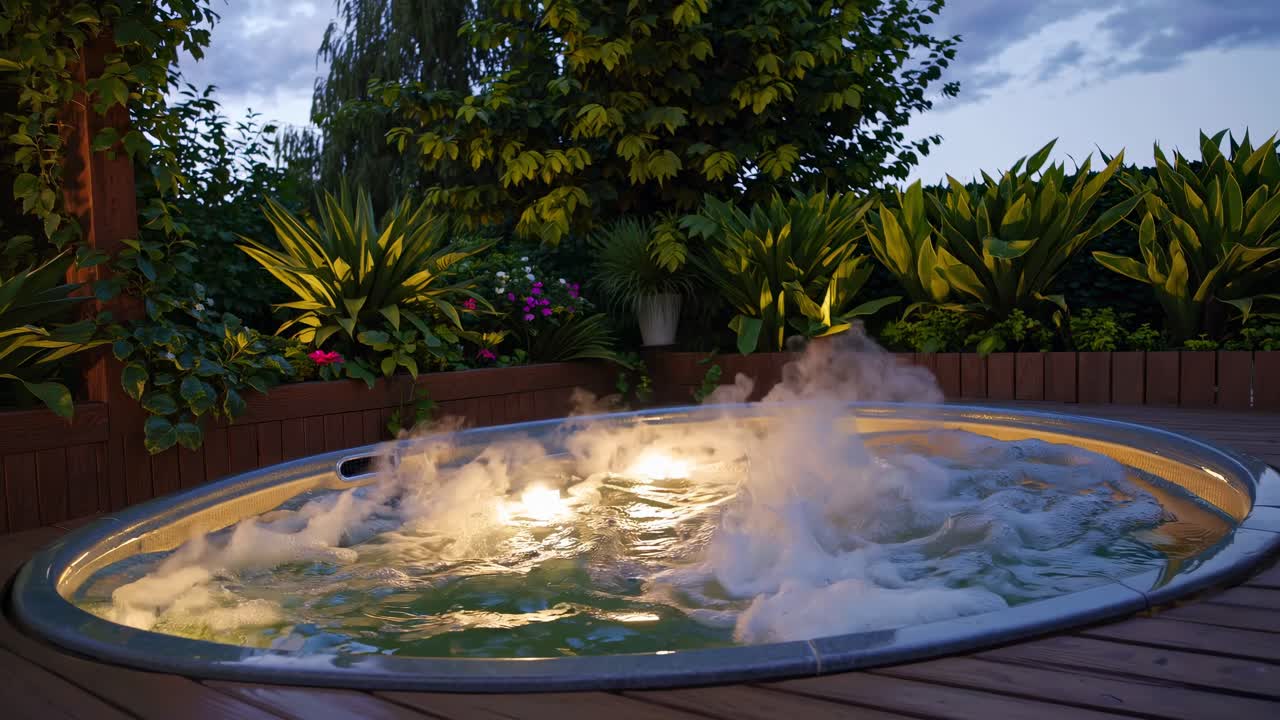 Una serena vasca idromassaggio in giardino al crepuscolo, catturata da una angolazione bassa. Il vapore sale delicatamente, creando un’atmosfera di tranquillità