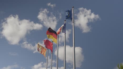 slow motion shot of multiple national and european flags flying in the wind