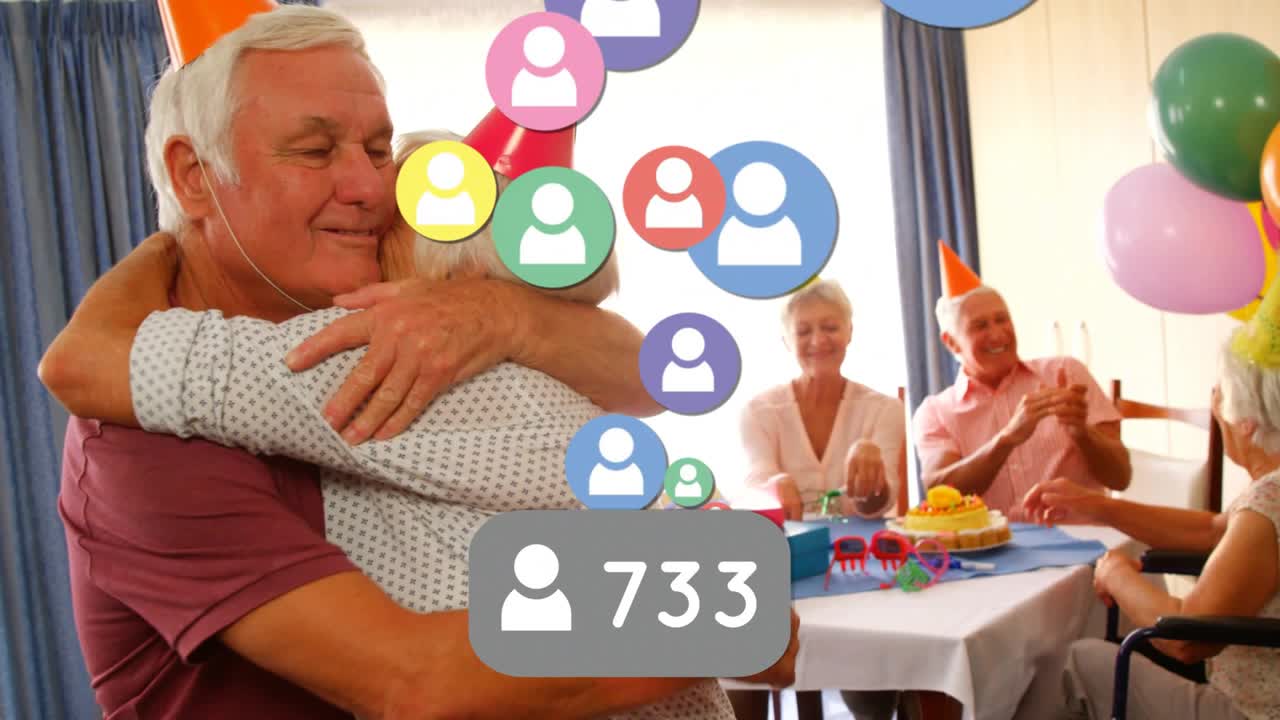 Senior man and woman responding to livestream count climbing kissing, hugging as avatars clustering