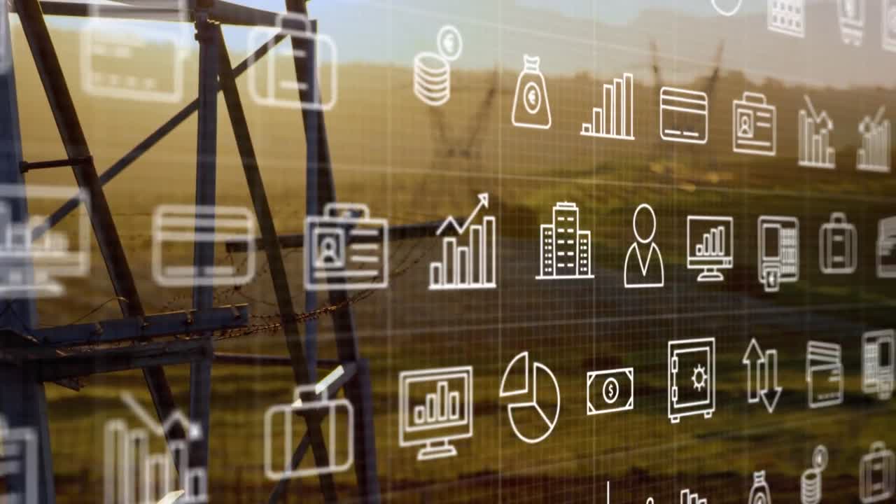 animación de iconos sobre pilares de electricidad