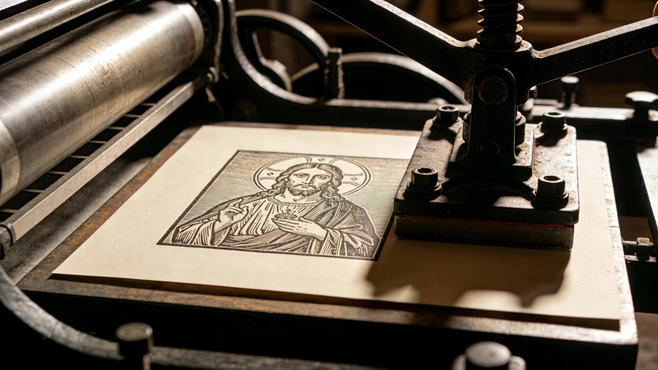 En presse aktiveres og sænker pressehovedet over et Jesus-tryk i et studie, mens en takket matrice perforerer kanten.