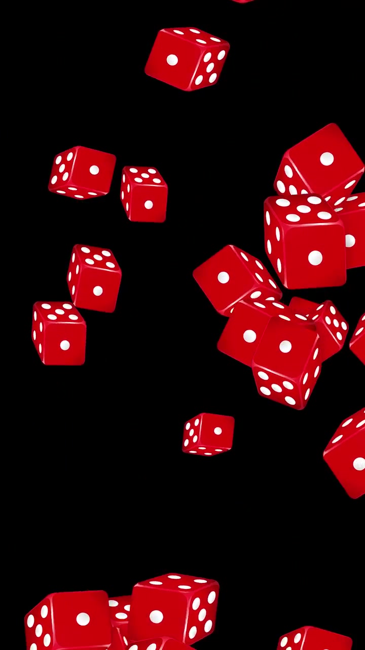 Dadi da gioco rossi che esplodono e cadono nello spazio su uno sfondo nero uniforme.