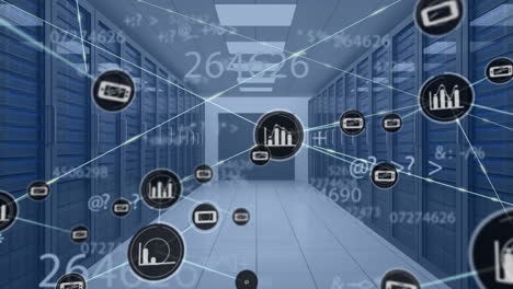 animación de redes de conexiones y procesamiento de datos a través de la sala de servidores