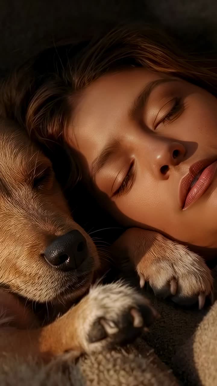 Video verticale: luce calda che si posa, donna e cane color cuoio che riposano per un pisolino sul letto, con zampa e coperta