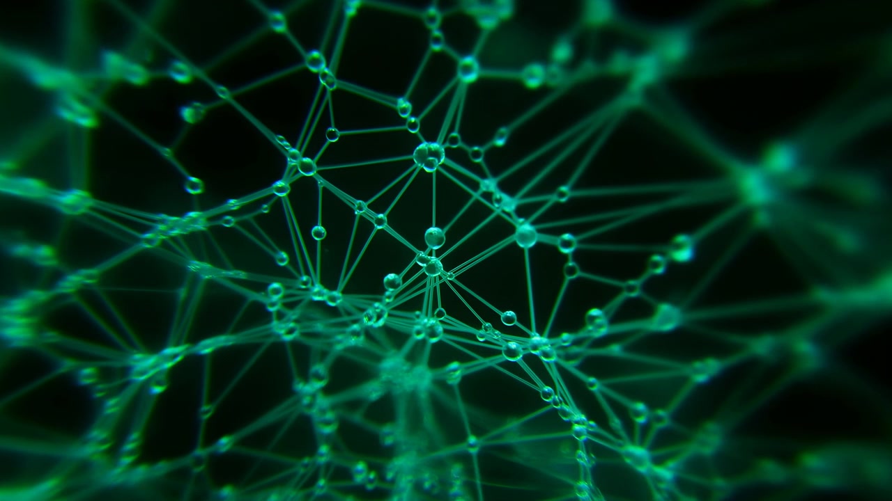 Glowing cyan green network of interconnected nodes and filaments in macro view with layered depth, glossy bead highlights, dark contrast, and delicate luminous structure