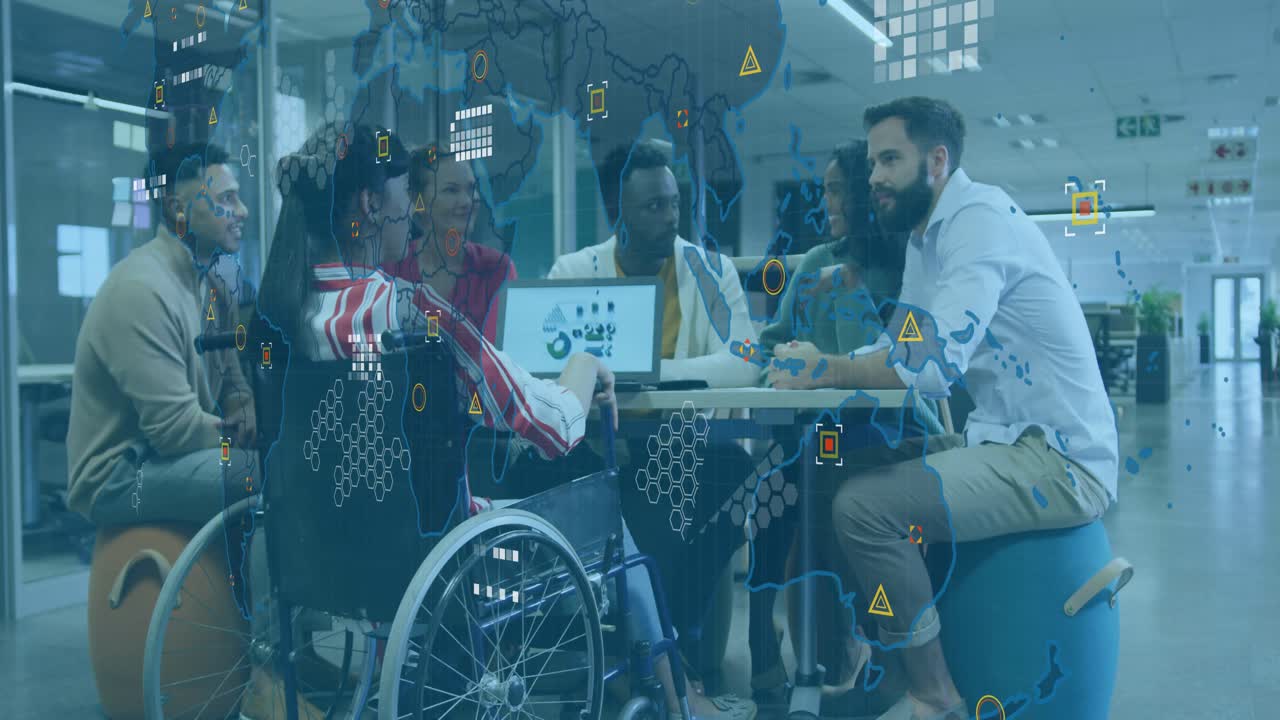 Wheelchair user tapping laptop activating tech dashboard, team planning while HUD overlay animating