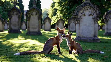 foxes roaming in a sunny graveyard