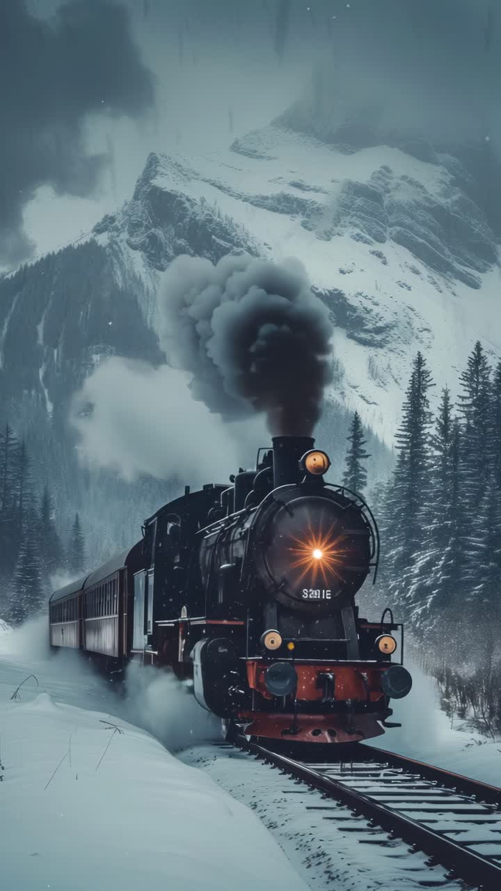 Dramatic low-angle shot of a steam train in snowy mountains, evoking a cinematic video feel