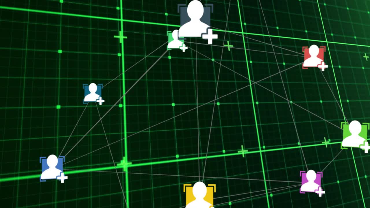 User icon emerging on green grid driving network connecting avatars pulsing merging central hub