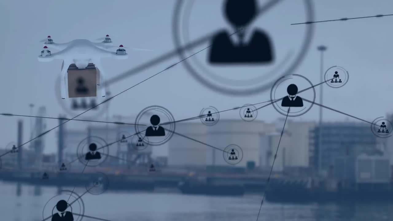 프로파일 아이콘의 네트워크와 배달 상자를 운반하는 드론