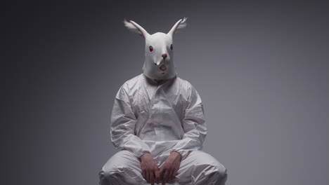 person wearing a rabbit mask and protective suit