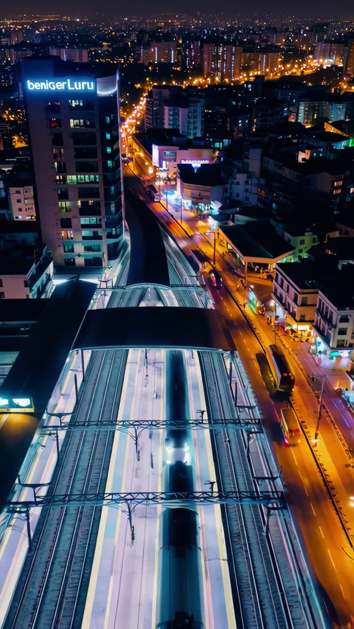 Night view of a train station in a city