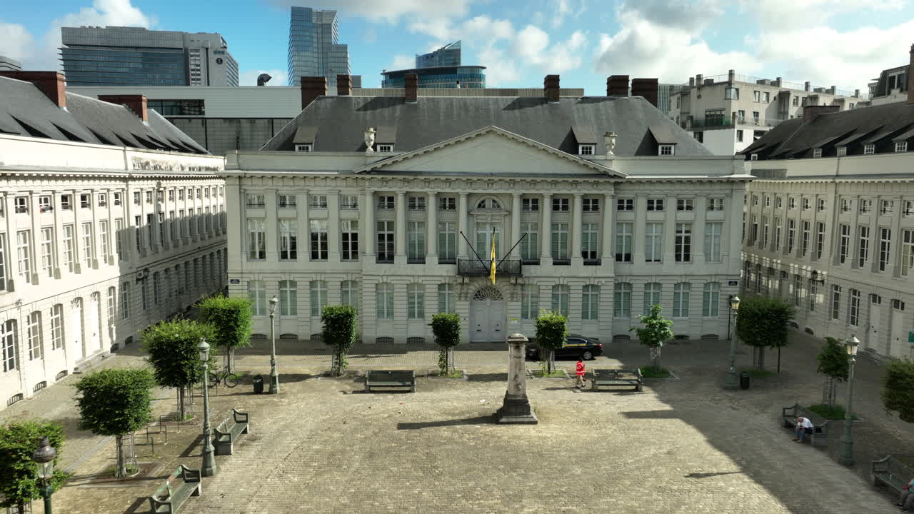 Pro Patria Monument And Government Office Building At Place des Martyrs In Brussels, Belgium. drone shot