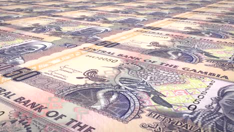billetes de cincuenta dalasis gambianos de gambia rodando, dinero en efectivo, bucle