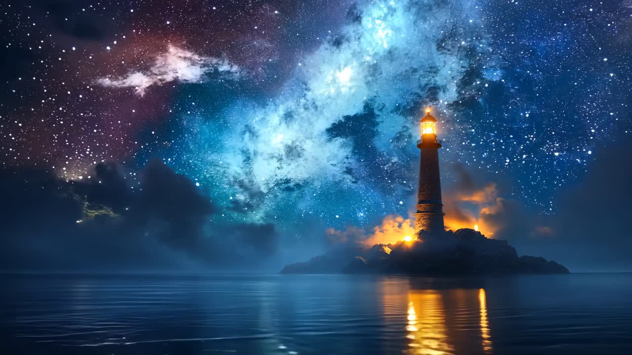 A lighthouse is lit up in the dark night sky. The lighthouse is surrounded by water and the sky is filled with stars. The scene is peaceful and serene