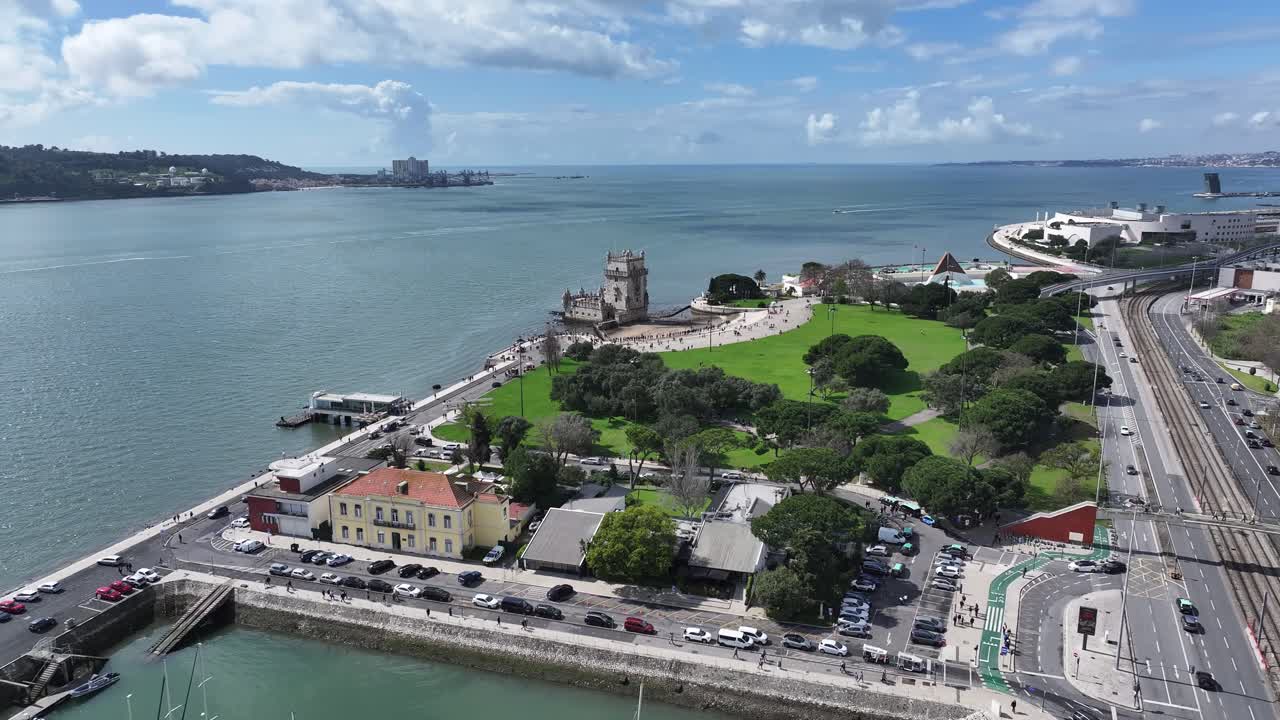 Belem Tower At Lisbon In District Of Lisbon Portugal. Iconic Castle. Tourism Landmark. Belem Tower At Lisbon In Portugal. Medieval Fortress. Tejo River Landscape. Lisbon Skyline