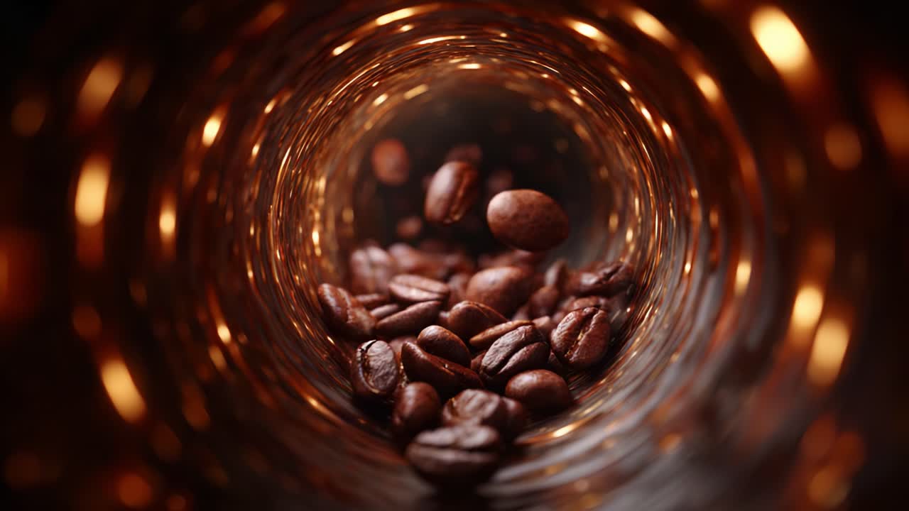 A Captivating View of Coffee Beans Spiraling Down a Transparent Vessel, Showcasing Their Rich Texture and Aroma in a Stunning Macro Perspective